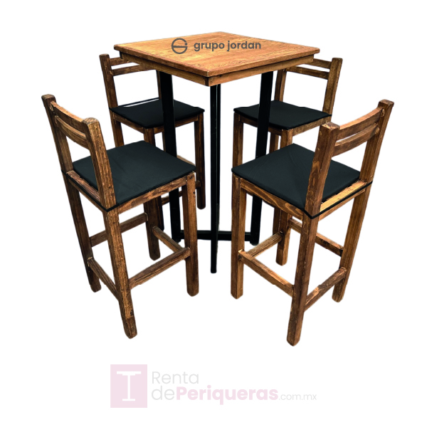 Periquera de madera rustica con banco recto y cojin negro