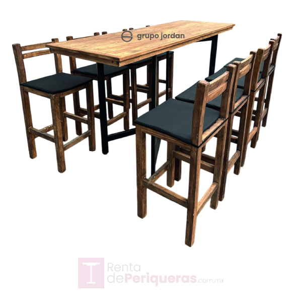 Periquera de madera rustica con banco recto y cojin 6 prs