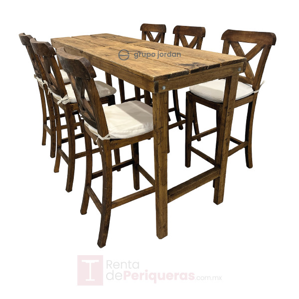 Periquera de madera rustica con banco crossback 6 prs